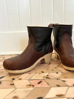 Sven Shearling Lined Leather Clog Ankle Boots Brown Dark Brown EU 40